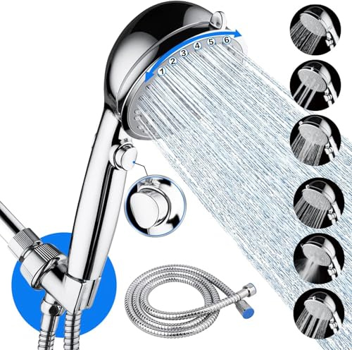 VewePata Kit de douche à main avec 6 + 1 types de jet, douchette haute pression avec interrupteur marche/arrêt économe en eau (pommeau de douche argenté avec tuyau)