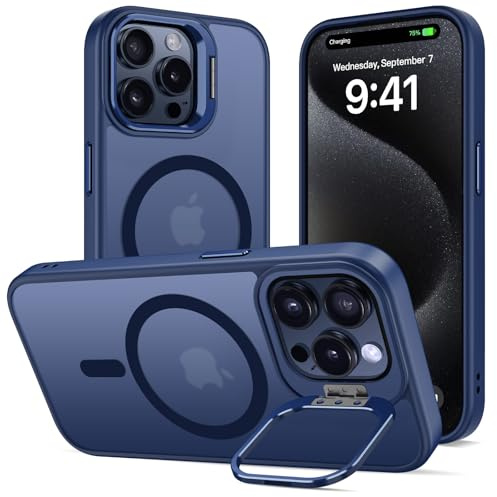 Cover Magnetica per iPhone 15 Pro Max con Cavalletto, Compatibile con Magsafe, Supporto per la Fotocamera Integrato Custodia, Militare Antiurto Sottile Protettiva Traslucida Glassata Case, Blu