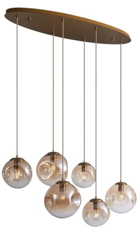 Qazqa Esstisch Art Deco Pendelleuchte, Pendellampe - Douglass - Messing, Gold mit Bernsteinglas, Vintage, 6-flammig, 125cm, Ideal als Esszimmerlampe und