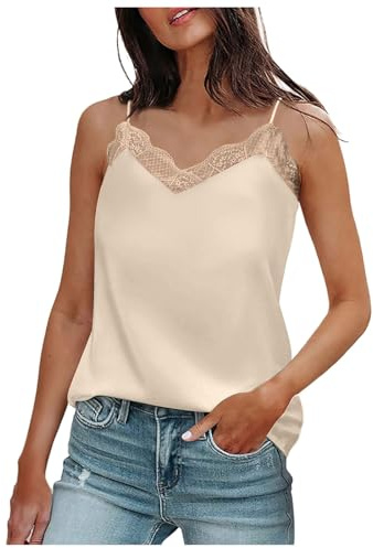 Générique Debardeur Femme Été, Gilet Sexy en Satin à Col en V Camisole, Élégant Dentelle sans Manche Bretelles Spaghetti Haut, Mode Casual Tank Tops Caraco Femme (A02-Rose Gold, M)