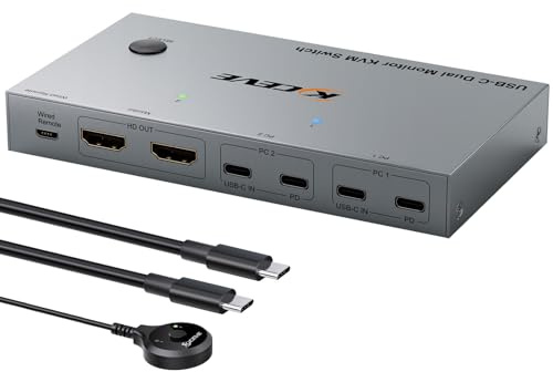 KCEVE Switch KVM 2 Monitor 2 Laptop USB C, Switch KVM Dual Monitor HDMI 4K@60Hz per 2 Laptop Condividi 4 dispositivi USB 3.0 con PD da 80W, con 2 cavi USB-C e telecomando cablato
