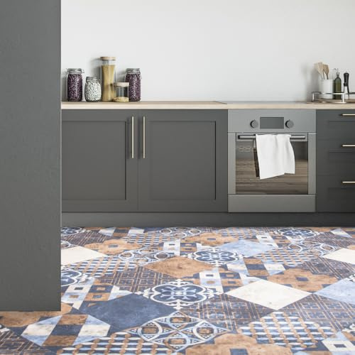 FloorPro Spanish Mosaic Tile Design Vinyl Roll Flooring Quirky Modern Pattern Cushioned Bathroom Kitchen Lino Flooring Bright Moroccan Style (1, 3metres x 2metres (9ft 10 x 6ft 6))