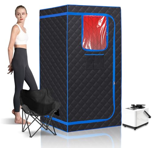 Smartmak Portable Steam Sauna, 1 Person Sauna Box for Home, 3L&1100W Sauna Steamer, with 660nm Red Light Therapy, Folding Chair