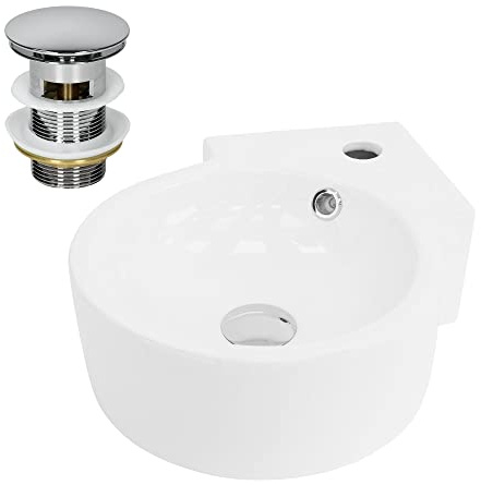 LuxeBath Waschbecken Eck aus Keramik Weiß 45x36x13 cm rund mit Ablaufgarnitur Silber, Eckwaschbecken mit Überlauf, Aufsatzwaschbecken Hängewaschbecken Waschtisch Waschschale Waschplatz Handwaschbecken