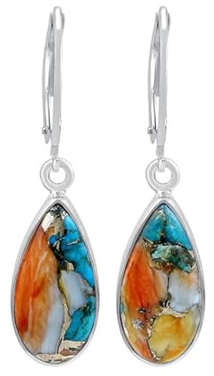 Natural Oyster Copper Turquoise Dangle Earrings for Women - 925 Sterling Silver Leverback Handmade Earrings - December Birthstone Silver Handmade Jewelry - Valentine's Day Gift for Her