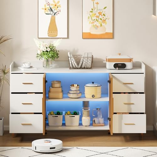REXO Armario de cocina moderno 160 × 44 × 87 cm blanco 6 cajones puertas de cristal iluminación LED luz ambiental asas de metal dorado para cocina, salón dormitorio