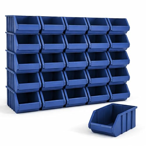 Rodopi 26er Set Stapelboxen, Größe M | Sichtlagerkästen 230x150x130mm | Robuste Lagerboxen für Werkstatt, Garage, Keller | Aufbewahrung für Kleinteile & Werkzeug | Sortierkästen Blau