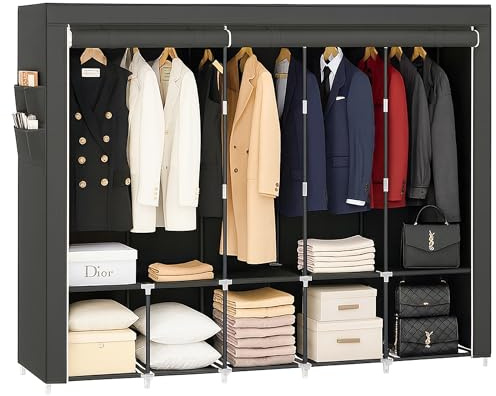 Innoteck Large Portable Clothes Wardrobe with 5 Hanging Rails, Shelves & 4 Side Pockets - Ink Black Organiser Rack, Steel Frame - Spacious Closet Storage with Multi-Functional Design - 212x46x168 cm