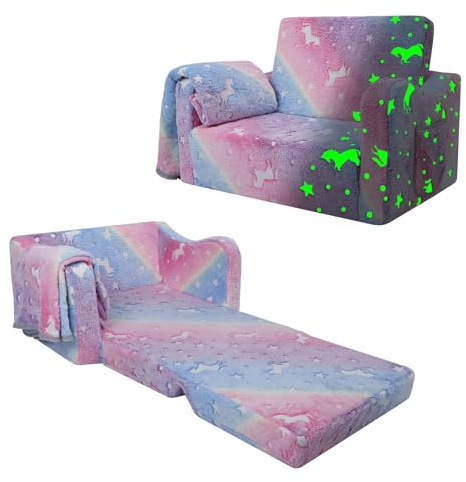alldomess Convertible Sofa para Niños 2 en 1,Suave Cómoda Sofa con Manta para Niñas y Niños,Brilla en la Oscuridad Silla Plegable Niño para Dormitorio Sala de Juegos,Rosa Unicornio