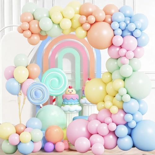 Pastel Balloon Arch Kit, 122pcs Pastel Rainbow Latex Balloon Garland | Macaron Pink Yellow Green Blue Purple Helium Balloons, Colourful Balloons for Birthday Baby Shower Easter Party Decoration