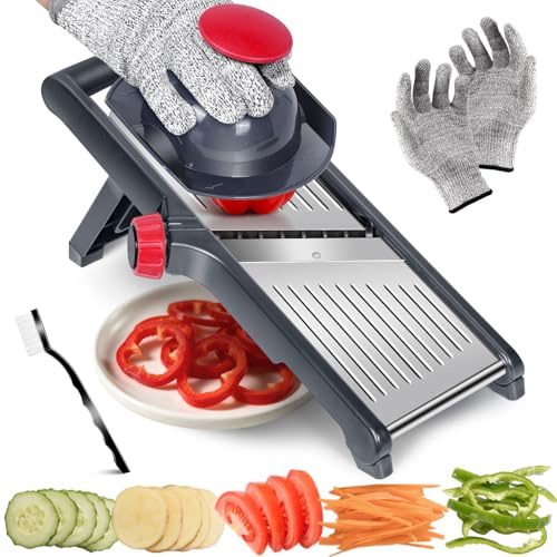 Pawchop Adjustable Mandoline Vegetable Slicer, 1-9mm Thickness Mandolin Slicer Julienne Cutter with Cut Proof Gloves, Non-Slip Portable Food Cutter for Fruit Cheese