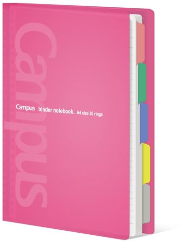 KOKUYO 5 Subject Spiral Notebook, Campus A4 Refillable Journal with 5 Tab Dividers, Up to 65 Sheet Capacity, 50 Sheets in 7mm Dotted Ruled Loose Leaf Paper, Pink