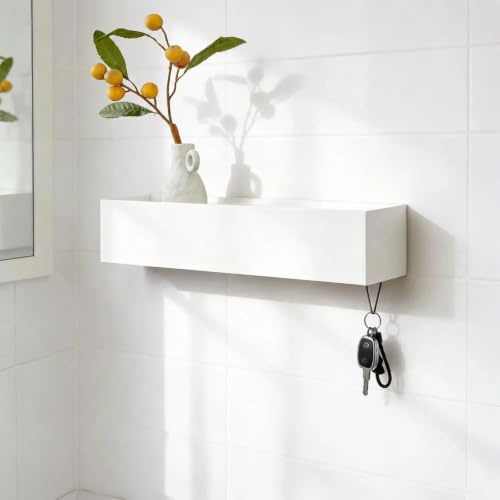LERANXIN Schlüsselbrett mit Ablage, 30 x 7,5 x 6 cm Schlüsselablage mit 5 Haken, Weiß Schlüsselboard aus Metall und Holz, Geeignet für Eingangsbereiche, Flure und Wohnzimmer