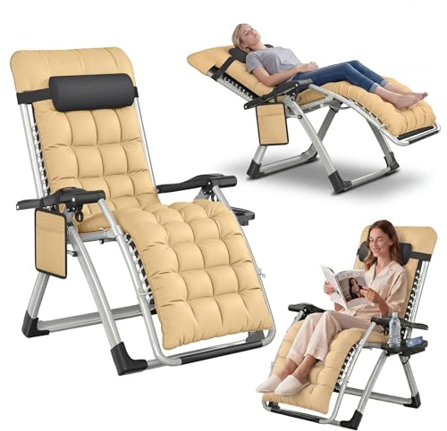 UISEBRT Liegestuhl Klappbar mit liegefunktion,Relaxliege Verstellbar 90-170° mit Nackenkissen,Getränkehalter & Seitentasche -Sonnenliege belastbar bis 160kg für Garten, Balkon & Camping,Beige