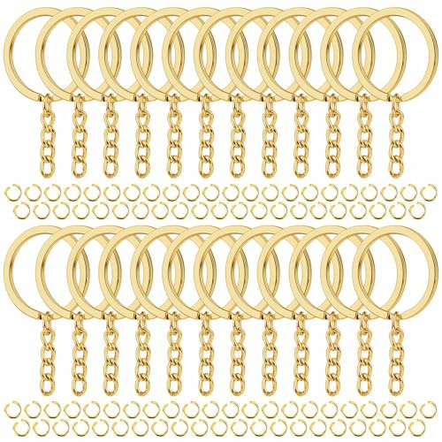Anillas Llaveros con Cadena,100 Piezas 25mm Planos Argollas Porta Chaves y Anillas Abiertas de Metal,Dorado Porta Llaves Kit Llaveros Manualidades para DIY Resina Colgantes Adornos