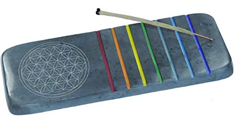 Räucherhalter aus Speckstein in den Chakra Farben mit der Blume des Lebens, Räucherstäbchen-Halter, bunt, Stein