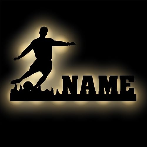 Namofactur® - Personalisierte Fußball Lampe mit Namen | Nachtlicht Kicker Silhouette aus Holz und Licht | Warmweiß oder RGB USB LED | Kinderzimmer Deko für Jungen & Mädchen | Fußballfan Geschenk