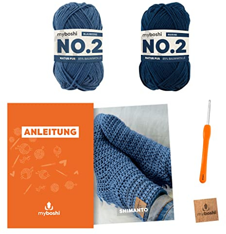 myboshi Häkelset Socken Shimanto, Häkelset für Anfänger, inkl. No.2 Wolle, Häkelnadel und Anleitung, Label, Häkelpaket, 85% Baumwolle, 15% Kapok Blau, mit Häkelnadel