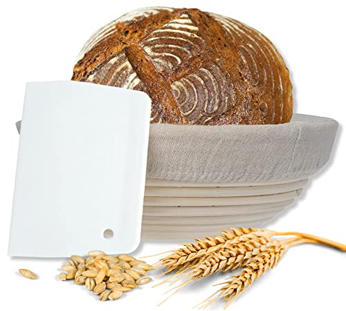 riijk Cesta de Fermentación (Redonda, Ø 22 cm) y Rascador de Masa - Estribos de Acero INOX - Banneton para Pan - Ratán Natural - Cuenco para Masas con Paño de Lino