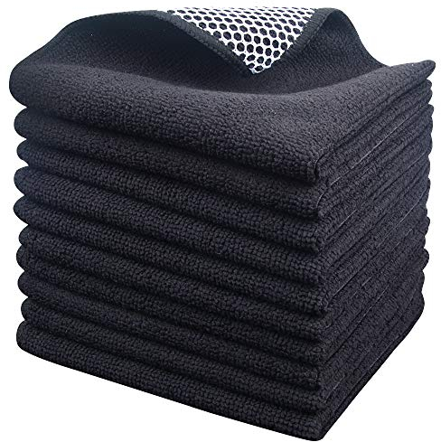 SINLAND Lot de 10 Chiffons en Microfibre pour Laver la Vaisselle, Les Meilleurs Chiffons de Nettoyage de Cuisine avec côté en Polyester 30,5 x 30,5 cm, Noir