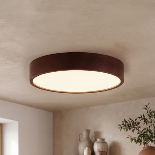 Licht-Erlebnisse Deckenleuchte Glas Holz rustikal Flur Wohnzimmer Ø47 cm E27 3-flammig flach Modern blendarm runde Deckenlampe Treppenhaus ARBARO