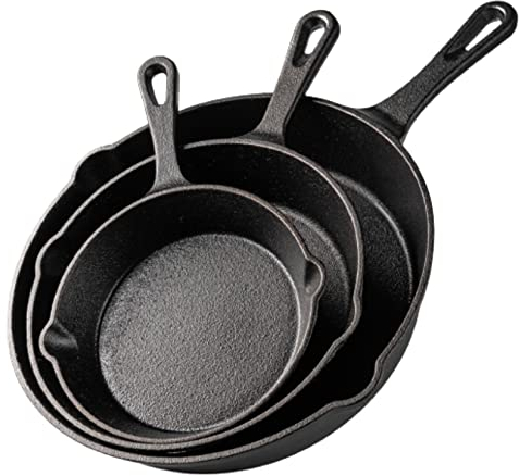 nuovva Padelle in ghisa, adatte per uso interno ed esterno, forno, griglia, fornello, nere - set da cucina 3 pezzi (15 cm, 20 cm, 25 cm)