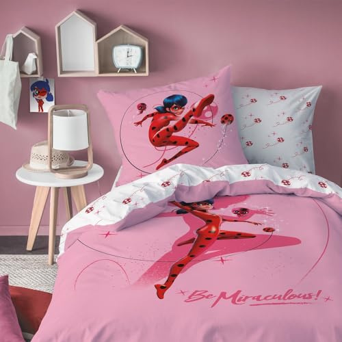 Familando Miraculous Ladybug - Set di biancheria da letto per bambini, 135 x 200 cm, 80 x 80 cm, in 100% cotone, con chiusura lampo, per bambine, colore: rosa e rosso, con lato reversibile (linon)