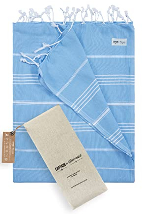 Captain&Mermaid® Premium XXL Strandtuch 100% Baumwolle | Badetuch | Picknickdecke | 220x160 | Peshtemal | leicht & extra groß (Blue Ocean)
