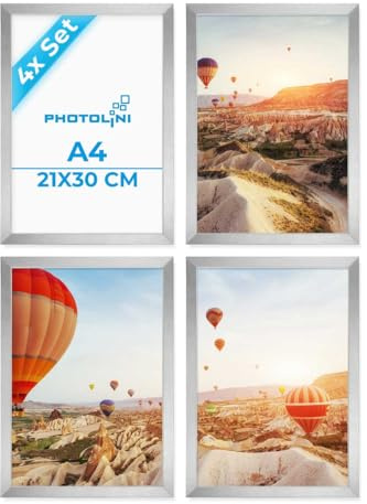 PHOTOLINI Bilderrahmen A4 Holz MDF Silber, 4er Set DIN A4 Bilderrahmen 21x30 cm Silber, bruchsicheres Acrylglas, picture frame zum Aufhängen & Aufstellen, Rahmen mit Zubehör 30x21 für Fotos & Poster