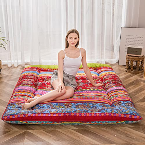 Materasso da pavimento bohémien retrò vintage con motivo floreale giapponese,Materasso arrotolabile spesso per letto portatile,Sdraio,Divano letto,Materasso da campeggio,Boemia C,Letto singolo