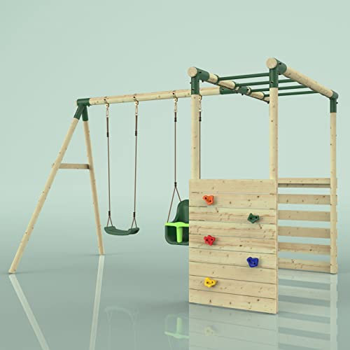 Rebo Wooden Garden Children's Swing Set with Monkey Bar Attachment - Comet Green