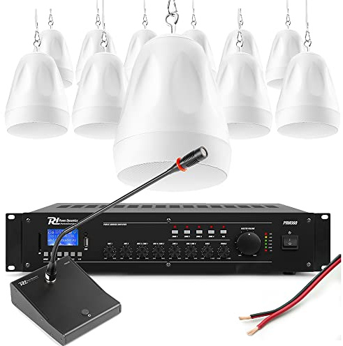 Power Dynamics PDS65W Commercial Pendant Speaker PA System – 12x Hanging Speakers, TM370 Desktop Mic, PRM360 Mixer Amplifier, 4-Zone 100V Line Audio for Warehouses, Factories or Workshops