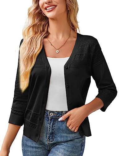 GRACE KARIN Women's Cropped Cardigan 3/4 Sleeve Lightweight Crochet Shrug Hollowed-Out Knit Sweater Tops Black L