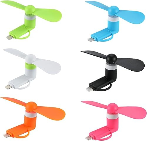 SADAHALU Lot de 6 mini ventilateurs 2 en 1 pour téléphone portable compatibles avec iPhone/iPad/smartphone Android/tablette, compatible avec port Lightning de type C, ventilateurs colorés et puissants