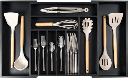 KitchenEdge Organizer per posate e utensili di alta qualità, per cassetti da cucina, espandibile da 40 a 71 cm, 10 scomparti, finitura nera per uso alimentare, 100% legno di bambù