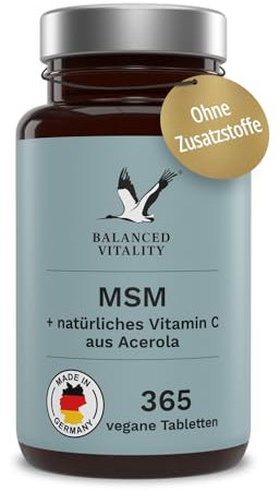 MSM + Vitamin C - 2000mg Methylsulfonylmethan + natürliches Vitamin C (Acerola) - 365 vegane Tabletten für 6 Monate - ohne Zusatzstoffe - laborgeprüft - Balanced Vitality