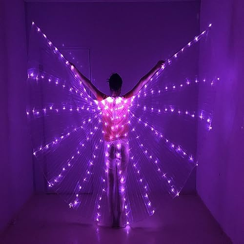 Light Up Feenflügel Erwachsene Frauen, LED Bauchtanz Isis Flügel mit Teleskopstab, Lila Schmetterlingsflügel Regenbogen Flügel Karneval Festival Wear Halloween Weihnachten Leuchtende Postume (Lila)