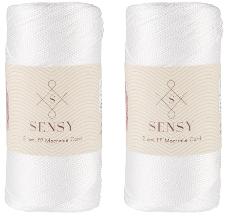 2 garn Sensy premium 2 mm 230 meter polyesterrep, 100 % polypropylensnöre, makramérep, 2 mm virkad väska, snöre, makramérep, virkgarn, gåva för stickade varor (vit)