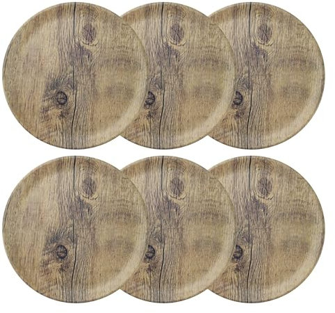 UP Ware, set di 6 piatti piani in melamina con venature del legno, piatti rotondi per portata principale, pasta e insalata, senza BPA, lavabili in lavastoviglie, marrone, 27 cm