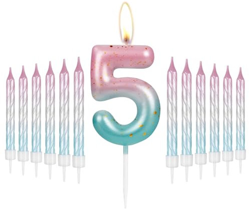 i-QiQi Kerzen zum 5. Geburtstag, rosa bis Blaue Farbverlaufskerze mit 12 Spiralkerzen mit Farbverlauf für Nummer 5, Kuchenkerzen für Alles Gute zum 5. Geburtstag, Kuchenaufsätze, Geburtstag