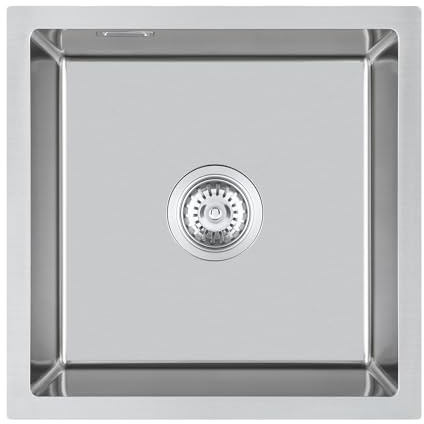 KEOKBON Spülbecken 45x45cm Nano-Silber | 304, Eckig, Quadratisch, Küchenspüle, 1 Becken, Einbau, ab 50 cm Unterschrank, Siebkorb, Überlaufgarnitur, Ablaufset komplett