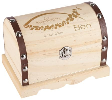 Striefchen® Personalisierte Schatztruhe mit Gravur als Kommunionsgeschenk, perfekte Verpackung Geldgeschenk (Fischsymbol Eukalyptus, L)