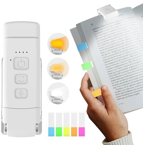Bigqin Lampe de Lecture avec 100 étiquettes d'index, Lampes de Lecture Nocturne, 3 Modes de Couleur et 5 luminosités Variables, Lampe Portable Rechargeable par USB pour Les lecteurs,Blanc
