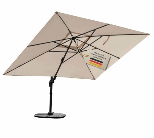 RS Trade Sonnenschirm Ampelschirm 3x4m groß rechteckig, mit Windsicherung, Ständer und Schutzhülle, drehbar neigbar kippbar mit Kurbel, windstabil für Garten Terrasse Balkon Gastronomie, sand