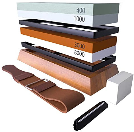 Bordhap Knife Sharpening Stone Kit 4 Side Whetstone Sharpener, Preium 400/1000 3000/8000 Grit Wet Stone Set, Water Stone