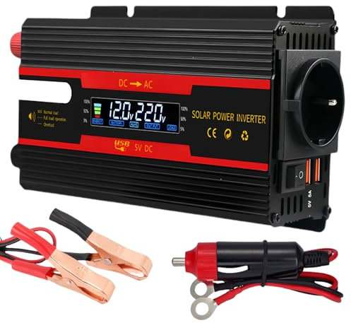 Inversor de voltaje CC 12 V/24 V a CA 230 V, inversor de onda sinusoidal modificada, 2000 W con enchufes europeos, 2 USB y pantalla LCD, adaptador de corriente para coche, camión, caravana, camping