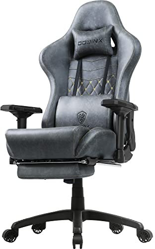 Dowinx Gaming Stuhl Ergonomischer mit Massage Bürosessel für Computer PU-Leder mit versenkbarer Fußstütze,4D Armlehnen