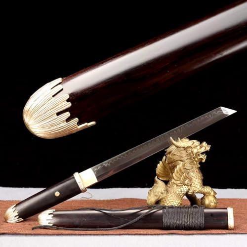 KWXPW 51cm Kurzer Samurai-Schwert,T10-Stahl Klinge mit Brennender Klingenprozess,natürlich Ebenholz Scheide,handgefertigt Wakizashi Katana für Geschenke,Dekoration,Sammlung,Cosplay,Requisiten