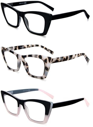 KoKoBin 3 confezioni di occhiali da lettura in stile Oprah per le donne che bloccano la luce blu del computer Lettori a occhio di gatto con cerniera a molla (3 Pack, 1, Diottria)