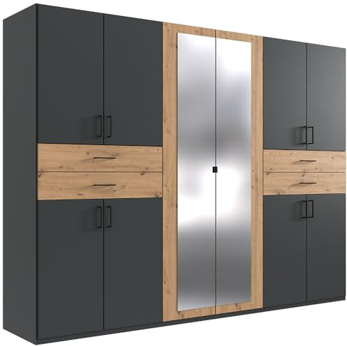 Lomadox Kleiderschrank mit Spiegel, 270 cm breit Garderobenschrank Wardrobe Schlafzimmerschrank Schrank modern in Graphit mit Eiche